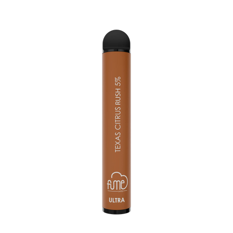A sleek matte brown disposable vape pen with black cap and base labeled texas citrus rush 5 percent by fume ultra 2500 puffs