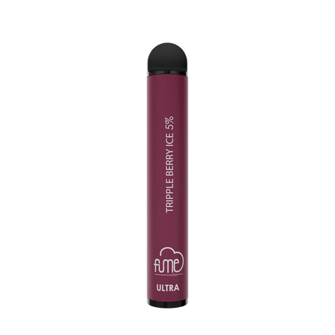 A sleek matte burgundy fume ultra disposable vape pen with black cap and triple berry ice 5 percent flavor label