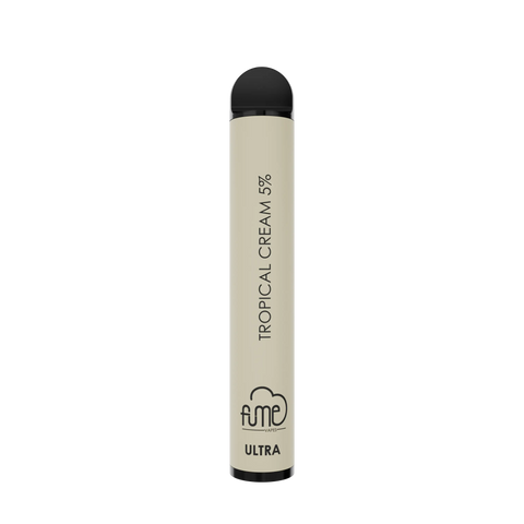 Cream-colored fume ultra 2500 puffs disposable vape pen with black cap and tropical cream 5 percent flavor text