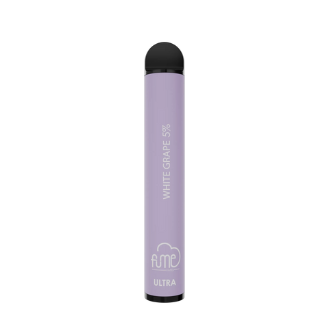 Lavender-colored fume ultra disposable vape pen with black cap and white grape 5% label for 2500 puffs use