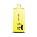 Bright yellow fume x fruitia 8000 puffs disposable vape pen with white gummy flavor and digital display showing 100 percent battery