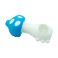 Blue silicone hand pipe shaped like a mushroom with white spots on the cap and a clear glass bowl from fun silicone hand pipe collection