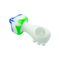 A colorful glass bong from fun silicone hand pipe collection with white base green and blue swirls and clear quartz accents