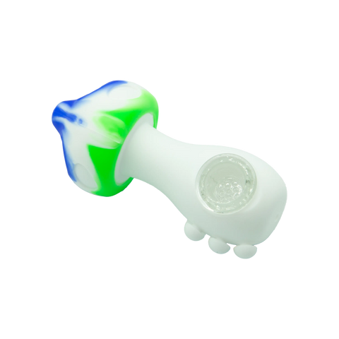 A colorful glass bong from fun silicone hand pipe collection with white base green blue swirls and clear quartz accents