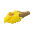 Yellow silicone ice cream cone pipe with colorful sprinkles and clear glass bowl from fun silicone hand pipe collection