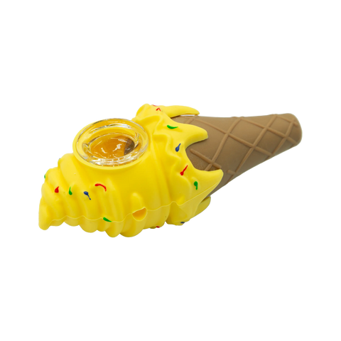 Yellow silicone ice cream cone pipe with colorful sprinkles and clear glass bowl from fun silicone hand pipe collection