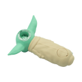 A mint green and beige silicone hand pipe shaped like grogu from star wars with a clear glass bowl from fun silicone hand pipe collection