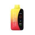 Yellow and red gradient plastic disposable vape pen with black control panel labeled get elfed up cherry peach 1800 puffs