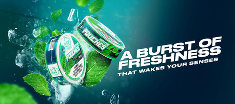 Green and white mint pouches with a glossy finish, featuring bold branding against an icy backdrop.