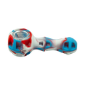 Heavy-duty silicone pipe in red white and blue with a clear glass bowl designed for durable smoking use