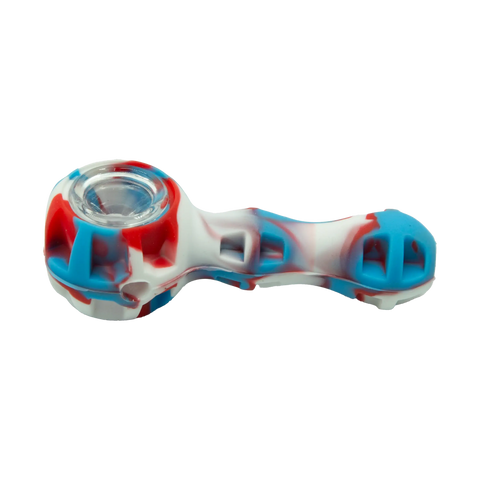 Heavy-duty silicone pipe in red white and blue with a clear glass bowl designed for durable smoking use