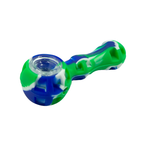 A vibrant green blue and white heavy-duty silicone pipe bong with a clear glass bowl for durable smoking use