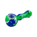 A heavy-duty silicone pipe featuring a vibrant green blue and white design with a clear glass bowl for smoking