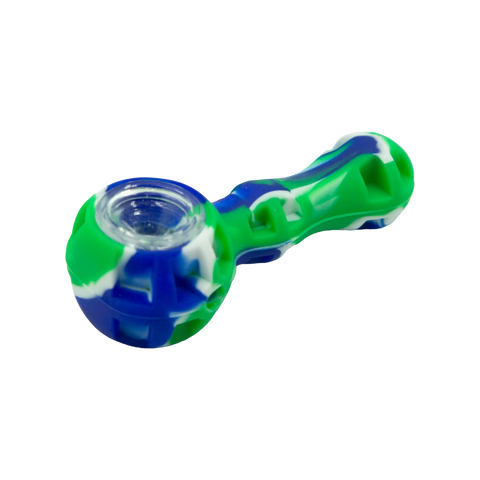 A vibrant green blue and white heavy-duty silicone pipe bong with a clear glass bowl for durable smoking use