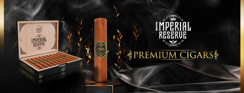 Imperial reserve premium cigar in a wooden box with gold-embossed branding and ornate detailing.