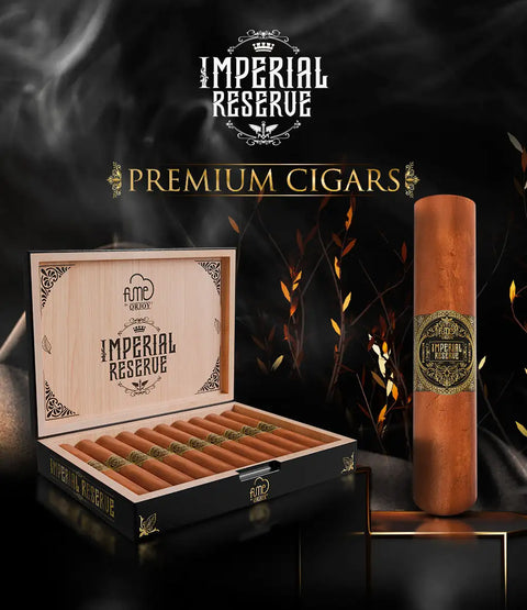 Imperial reserve premium cigars in a wooden box with gold accents and an individual cigar wrapped in ornate, dark green and gold foil.