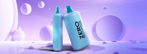 Light blue plastic vape pen with “zero recharge” branding.
