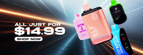The main object is a rose gold-colored elf vaporizer with black accents and the brand logo prominently displayed on its side.
