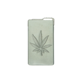 A translucent light green phone case with a detailed silver metal cannabis leaf design shown from the back side