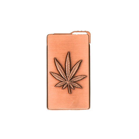 Copper-colored metal money clip with raised cannabis leaf design from metal weed leaf lighters product line
