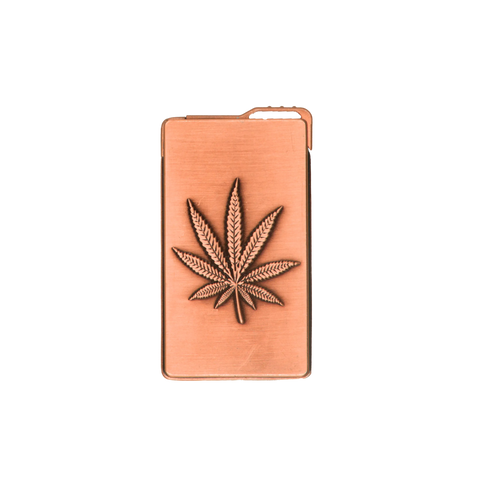 Copper-colored metal money clip with a raised cannabis leaf design featured in metal weed leaf lighters product
