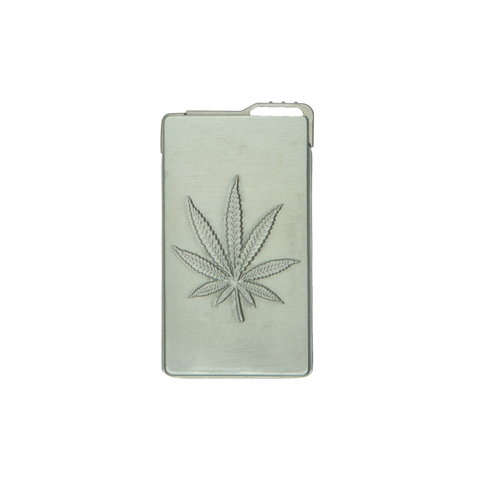 Translucent light green phone case with a detailed silver cannabis leaf design for metal weed leaf lighters