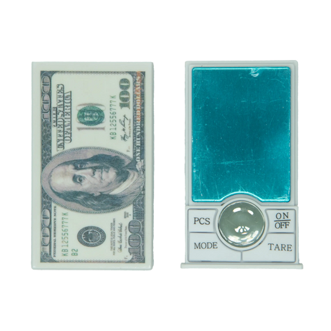 Mini digital scale dollar edition in turquoise with white plastic casing and silver pcs mode on off and tare buttons