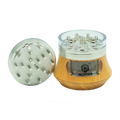 Wooden-bodied palpitate grinder pro herb grinder with silver metal, clear plastic lid, and branded label on side