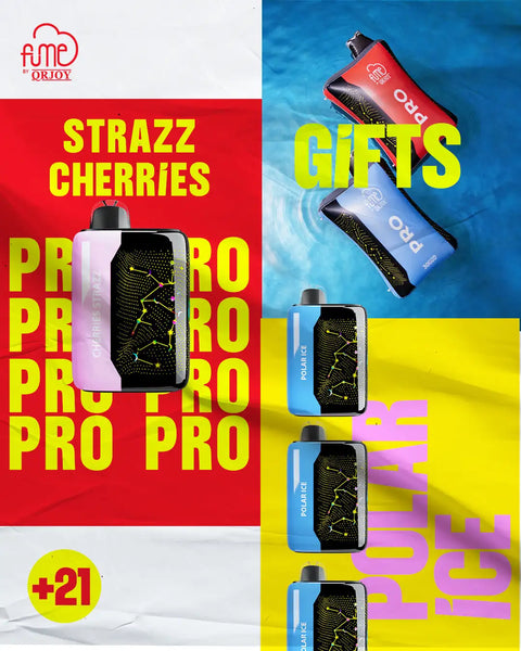 The pink and black strazz cherries pro vape device features a sleek, rectangular design with a textured pattern on its front panel.