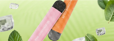 Pink lemonade and orange ginger ice flavored disposable vape pens with black caps.