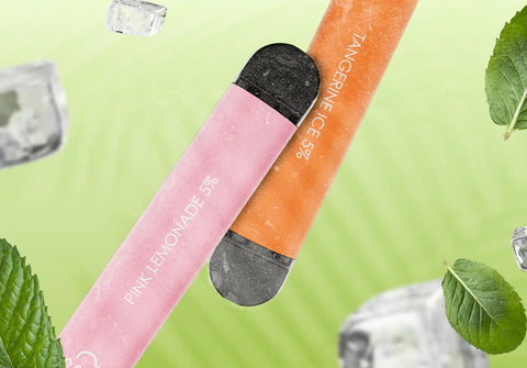 Pink lemonade and tangerine ice flavored disposable vape pens with matte black tips.