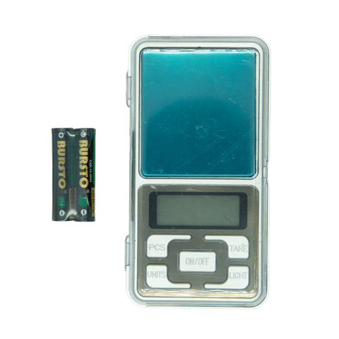 Pocket digital scale with translucent teal weighing platform silver-toned buttons and clear plastic casing