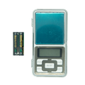 Pocket digital scale with translucent teal weighing platform silver-toned buttons and clear plastic casing