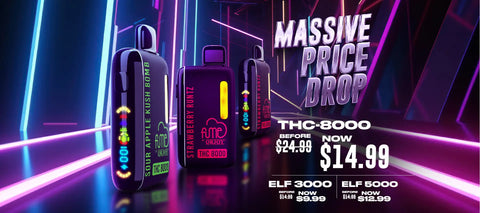 Purple and black thc-8000 vape cartridges with glowing neon accents, featuring ’sour apple bomb’ and ’strawberry runtz’ flavor labels.