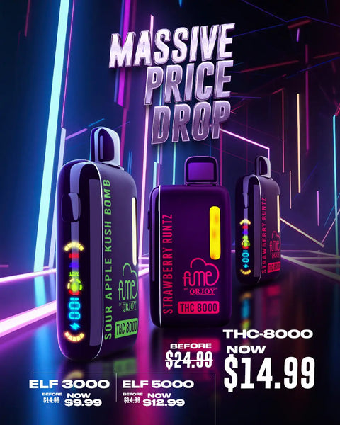 Purple and black thc-8000 vape pens with neon glowing accents, featuring flavor names like sour apple kush bomb and strawberry runtz.