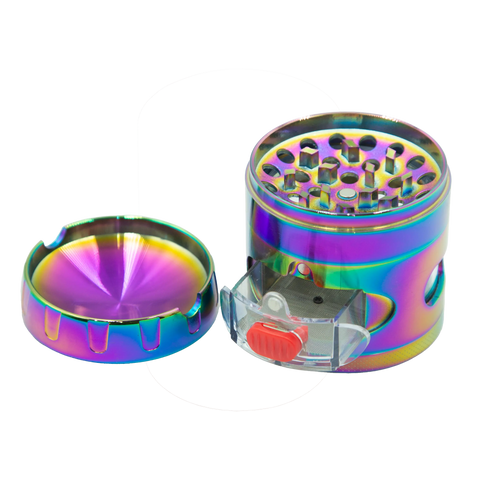 Iridescent stainless steel rainbow grinder with diamond design clear plastic handle and red button herb grinder