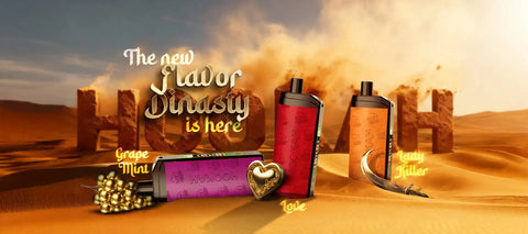 Red and orange vape pens with metallic accents, featuring ’grape mint’ and ’lady killer’ flavor labels.