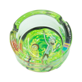Vibrant green glass ashtray featuring Rick and Morty characters in a swirling portal design