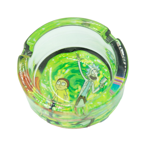 Vibrant green glass rick and morty ashtray with swirling portal design for smoking accessories
