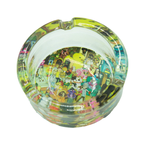 Rick and Morty glass ashtray clear glass with vibrant colorful cartoon illustration inside surface