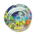Vibrant transparent glass Rick and Morty ashtray featuring colorful cartoon characters in dynamic action scenes