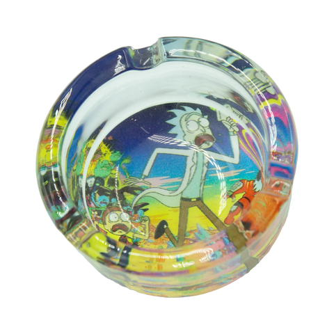 Vibrant transparent glass Rick and Morty ashtray featuring colorful cartoon characters in dynamic action scenes