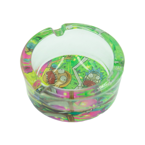 Rick and Morty glass ashtray made of clear glass featuring a vibrant colorful design with animated characters