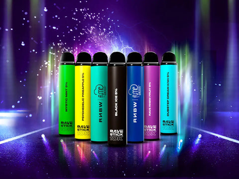 A row of colorful rave stick 10k disposable vape pens, each with a sleek cylindrical body and black cap.