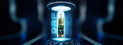 A sleek gold-colored vape cartridge with a black label featuring blue and white graphics, displayed under futuristic lighting.