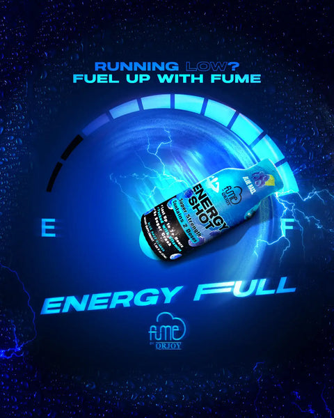 A sleek, translucent blue and black fume energy shot bottle with a glossy finish and bold white lettering.