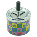 SpinTop metal ashtray pop series with chrome top and black stem featuring colorful cannabis leaf checkerboard pattern