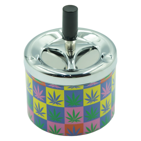 SpinTop metal ashtray pop series with chrome top and black stem featuring colorful cannabis leaf checkerboard pattern
