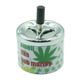 Chrome-finished metal ashtray spinTop pop series with white body green cannabis leaves and smell like Bob Marley spirit text