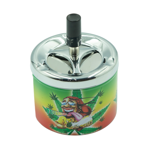 SpinTop metal ashtray pop series with vibrant cylindrical design chrome lid black stem and red cartoon with cannabis leaves
